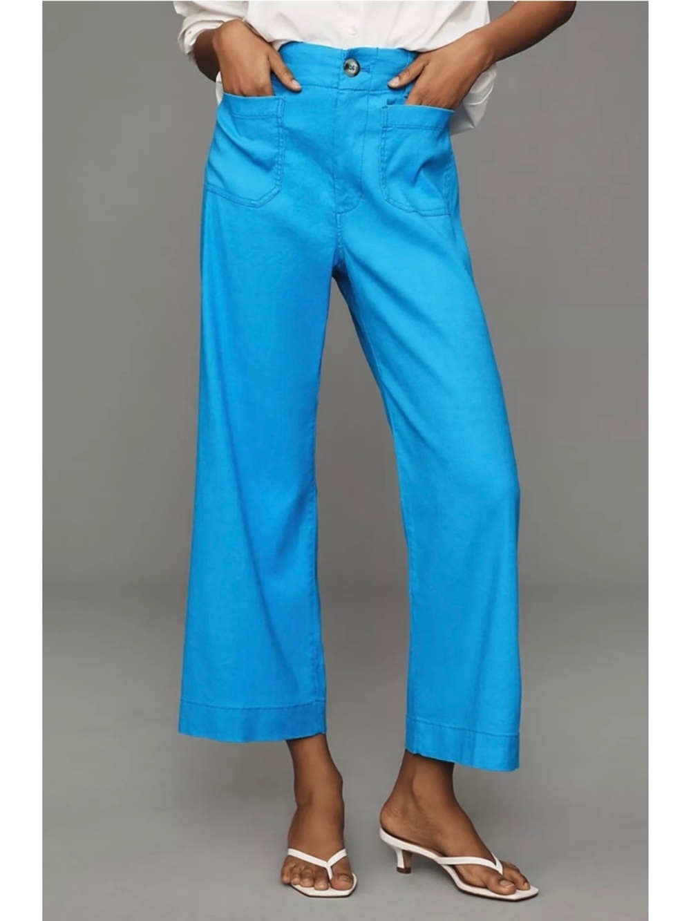 Maeve Anthropologie The Colette Cropped Wide Leg Pants Sky Blue Linen Size 34